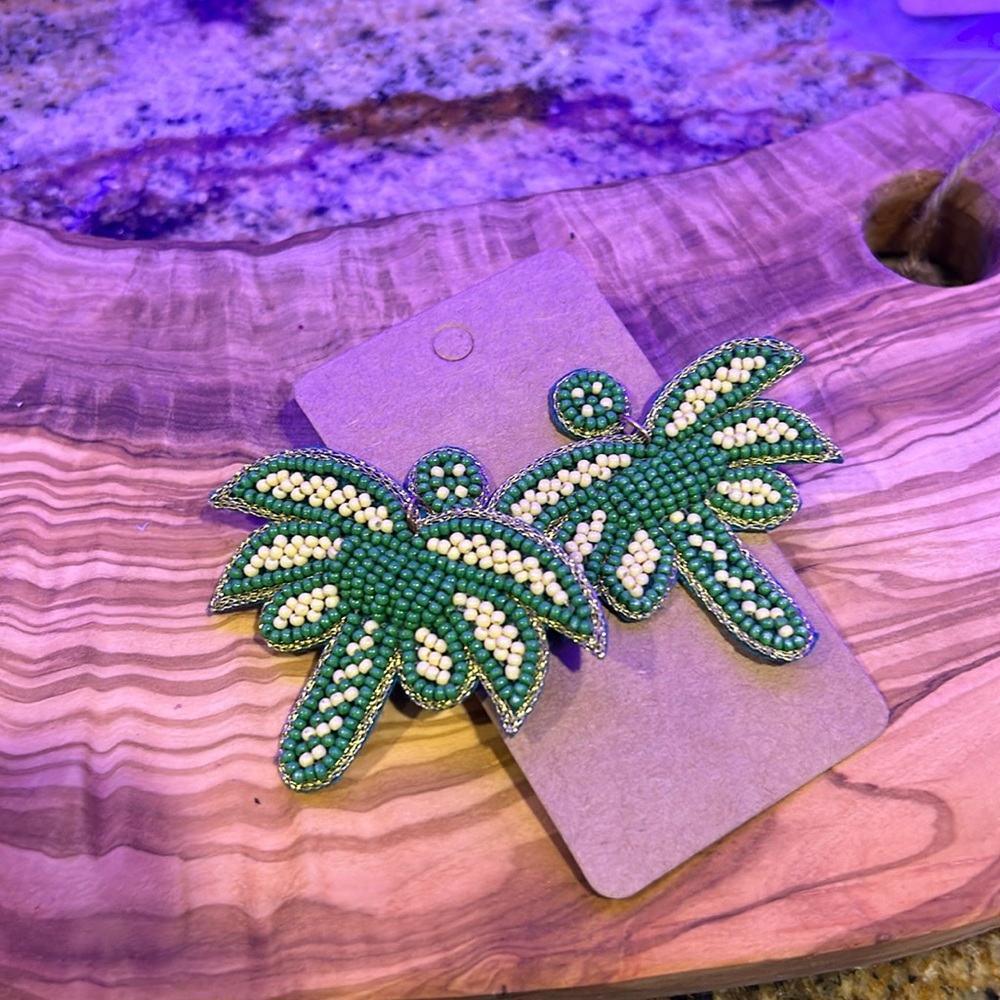Earrings Seed beads palm trees, Green and cream, 2”